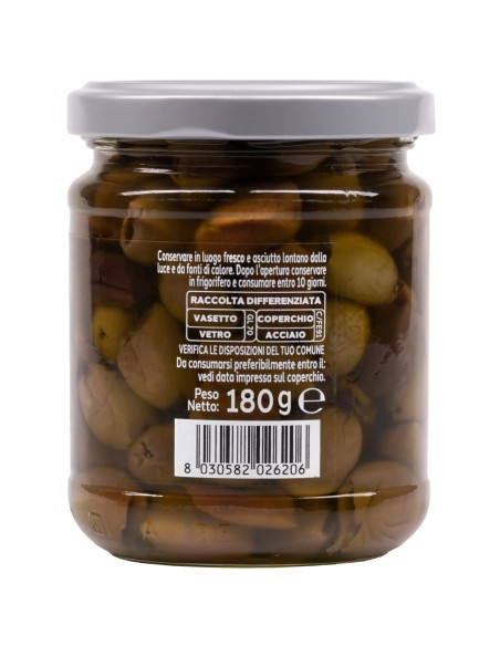 Olive denocciolate in olio extra vergine di oliva 180 g Primia, retro con conservazione e codice a barre