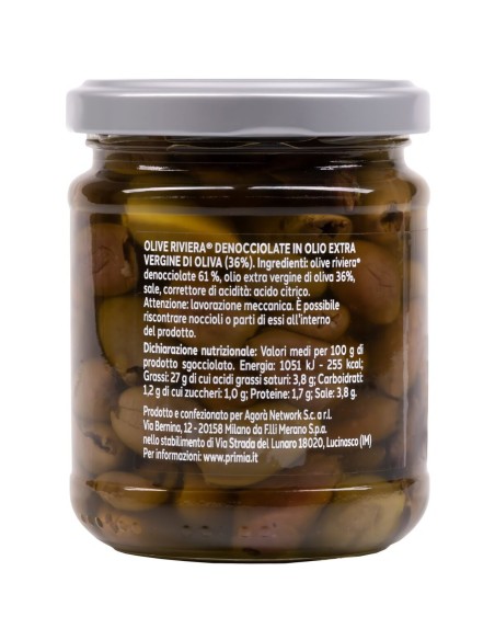 Olive denocciolate in olio extra vergine di oliva 180 g Primia, lato con ingredienti, valori nutrizionali, produttore e avverten