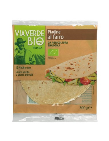 Piadine biologiche al farro 3 pezzi 300 g Via Verde Bio Primia, fronte