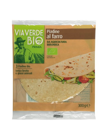 Piadine biologiche al farro 3 pezzi 300 g Via Verde Bio Primia, fronte