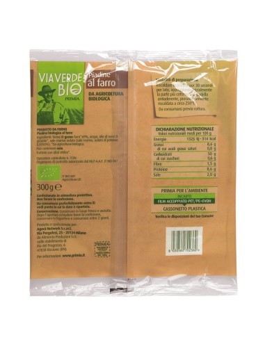 Piadine biologiche al farro 3 pezzi 300 g Via Verde Bio Primia, retro con ingredienti, valori nutrizionali, produttore, codice a