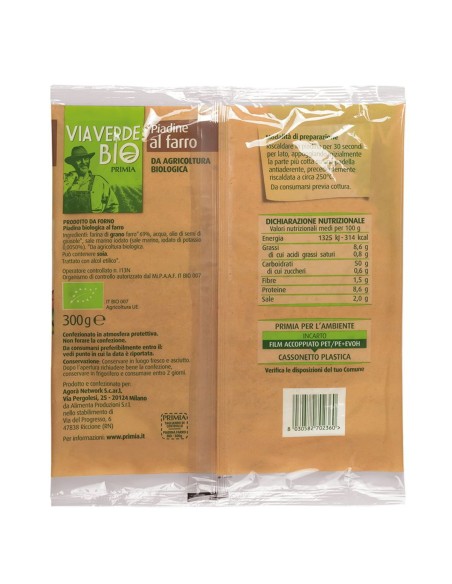 Piadine biologiche al farro 3 pezzi 300 g Via Verde Bio Primia, retro con ingredienti, valori nutrizionali, produttore, codice a