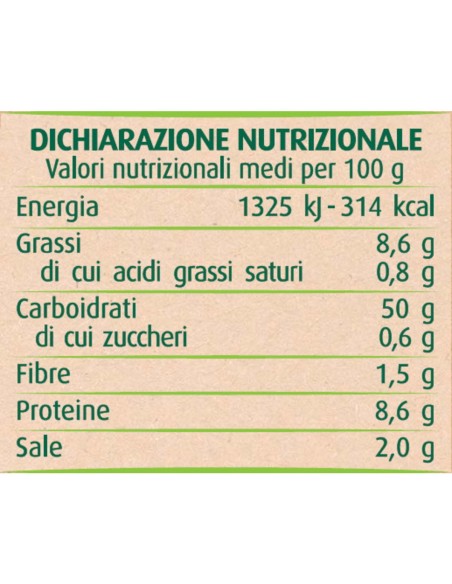 Piadine biologiche al farro 3 pezzi 300 g Via Verde Bio Primia, retro con valori nutrizionali