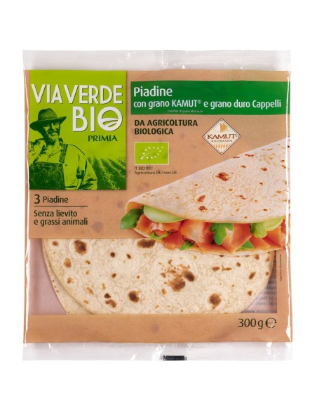 Piadine biologiche con grano Kamut e grano duro Cappelli 3 pezzi 300 g Via Verde Bio Primia, fronte