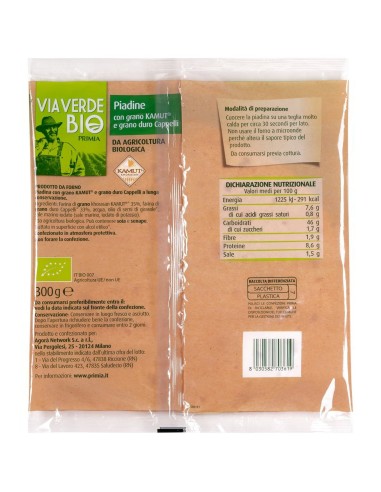 Piadine biologiche con grano Kamut e grano duro Cappelli 3 pezzi 300 g Via Verde Bio Primia, retro con ingredienti, valori nutri
