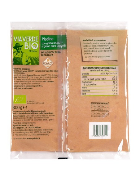 Piadine biologiche con grano Kamut e grano duro Cappelli 3 pezzi 300 g Via Verde Bio Primia, retro con ingredienti, valori nutri