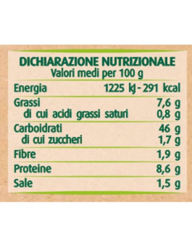 Piadine biologiche con grano Kamut e grano duro Cappelli 3 pezzi 300 g Via Verde Bio Primia, retro con valori nutrizionali
