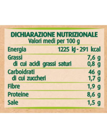 Piadine biologiche con grano Kamut e grano duro Cappelli 3 pezzi 300 g Via Verde Bio Primia, retro con valori nutrizionali