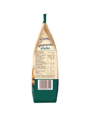Grissini Sgranocchi rustici con farro, segale e semi 200 g Barilla Mulino Bianco, lato con valori nutrizionali e codice a barre