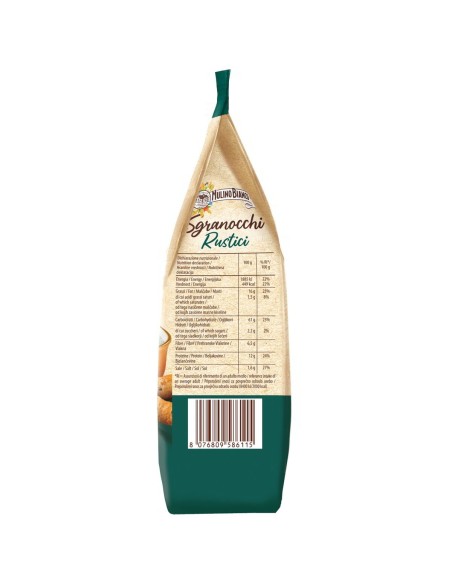 Grissini Sgranocchi rustici con farro, segale e semi 200 g Barilla Mulino Bianco, lato con valori nutrizionali e codice a barre
