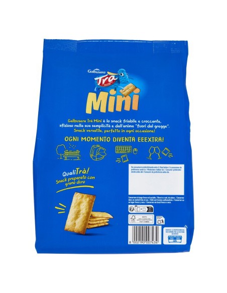 Cracker Mini 6 x 30 g Galbusera Trà, retro con codice a barre e conservazione