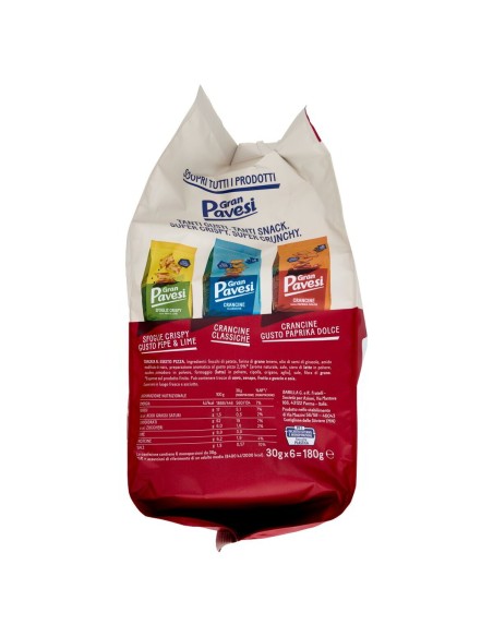 Sfogline gusto pizza 6 x 30 g Gran Pavesi, lato con ingredienti, valori nutrizionali, produttore e conservazione