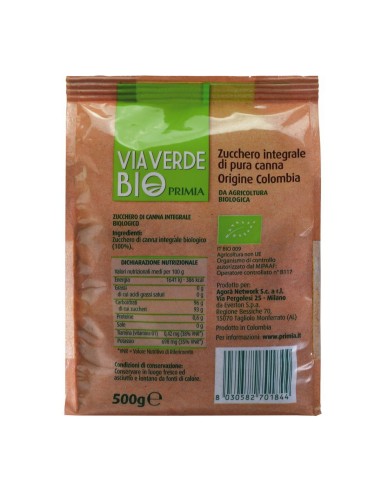 Zucchero integrale di canna 500 g Bio Primia, Rückseite mit Zutaten, Nährwerte, Hersteller, Strichcode und Aufbewahrung