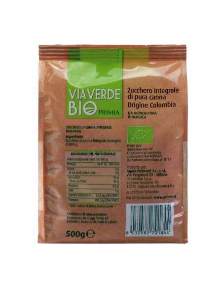 Zucchero integrale di canna 500 g Bio Primia, Rückseite mit Zutaten, Nährwerte, Hersteller, Strichcode und Aufbewahrung