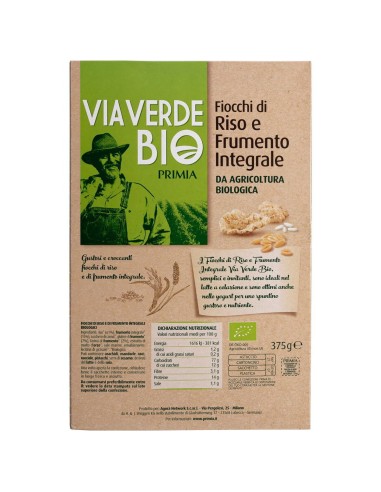 Fiocchi di riso e frumento integrale 375 g Via Verde Bio Primia, Rückseite mit Zutaten, Nährwerte, Hersteller und Aufbewahrung