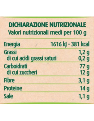 Fiocchi di riso e frumento integrale 375 g Via Verde Bio Primia, Rückseite mit Nährwerte