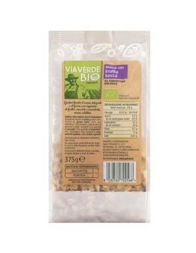Muesli con frutta secca 375 g Via Verde Bio Primia, Rückseite mit Hersteller, Strichcode, Aufbewahrung und Warnhinweise