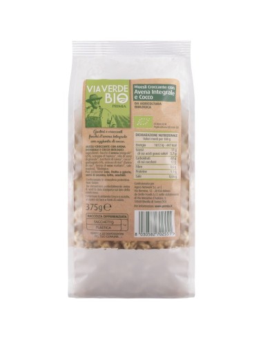 Muesli croccante con avena integrale e cocco 375 g Via Verde Bio Primia, Rückseite mit Hersteller, Strichcode, Aufbewahrung und 
