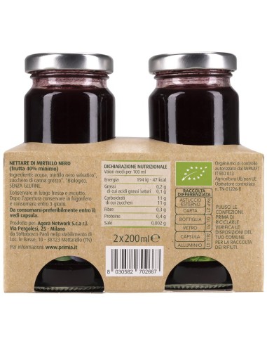 Nettare di mirtillo selvatico 2 x 200 ml Bio Primia, dos avec ingrédients, valeurs nutritionnelles, fabricant, code-barres et co