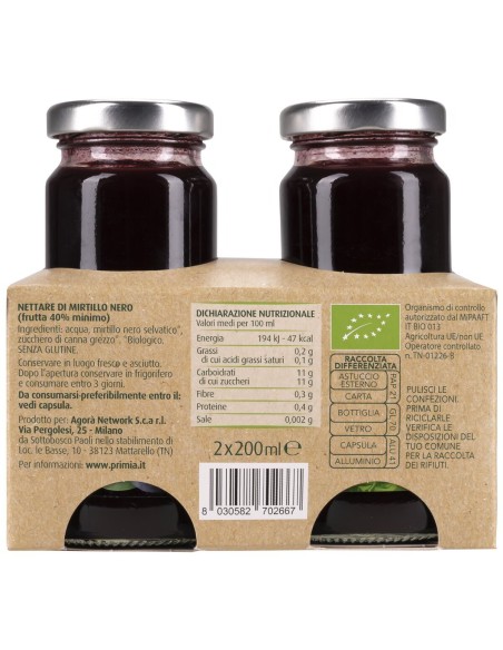 Nettare di mirtillo selvatico 2 x 200 ml Bio Primia, dos avec ingrédients, valeurs nutritionnelles, fabricant, code-barres et co
