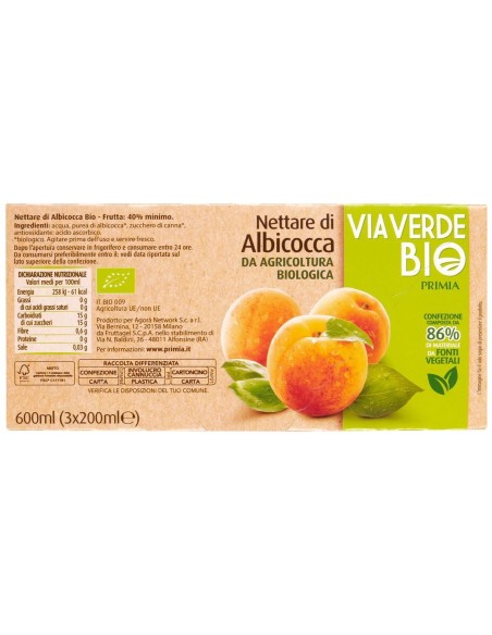 Nettare di albicocca 3 x 200 ml Via Verde Bio Primia, Rückseite mit Zutaten, Nährwerte, Hersteller, Gebrauchsanweisung und Aufbe