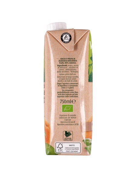 Nettare di albicocca 750 ml Via Verde Bio Primia, Seite mit Zutaten, Aufbewahrung und Gebrauchsanweisung
