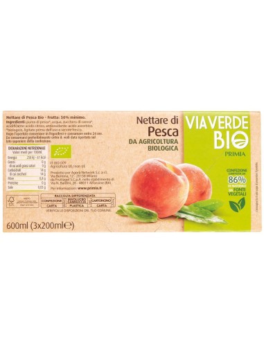 Nettare di pesca 3 x 200 ml Via Verde Bio Primia, Rückseite mit Zutaten, Nährwerte, Hersteller, Gebrauchsanweisung und Aufbewahr