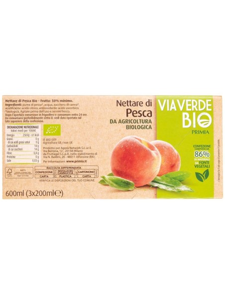 Nettare di pesca 3 x 200 ml Via Verde Bio Primia, Rückseite mit Zutaten, Nährwerte, Hersteller, Gebrauchsanweisung und Aufbewahr