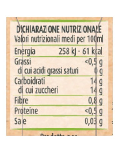 Nettare di pesca 3 x 200 ml Via Verde Bio Primia, Rückseite mit Nährwerte