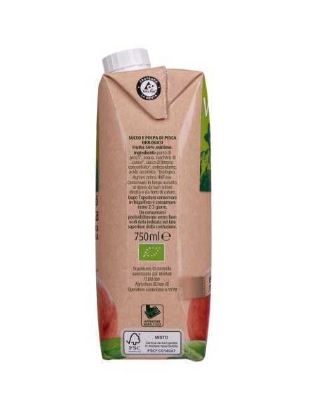 Nettare di pesca 750 ml Via Verde Bio Primia, Seite mit Zutaten, Aufbewahrung und Gebrauchsanweisung