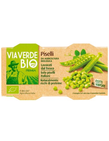 Piselli bio cotti al vapore 2 x 140 g Via Verde Bio Primia, Vorderseite