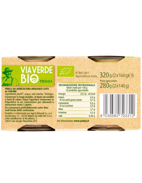 Piselli bio cotti al vapore 2 x 140 g Via Verde Bio Primia, Rückseite mit Zutaten, Nährwerte, Hersteller, Strichcode und Aufbewa