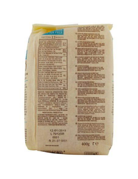 Fusilli senza glutine N. 48 400 g Rummo Senza Glutine, Rückseite mit Zutaten, Nährwerte, Hersteller und Strichcode