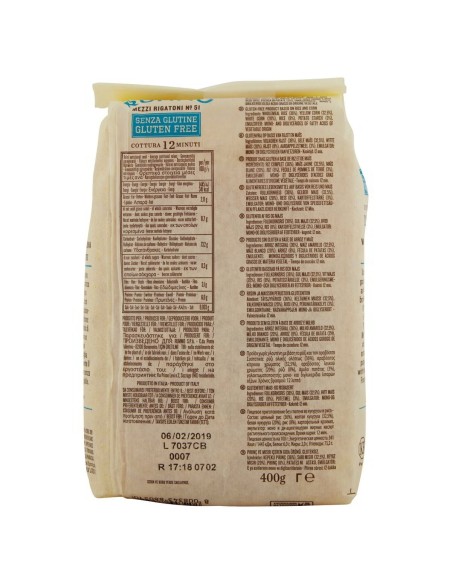 Mezzi rigatoni senza glutine N. 51 400 g Rummo Senza Glutine, Rückseite mit Zutaten, Nährwerte und Hersteller