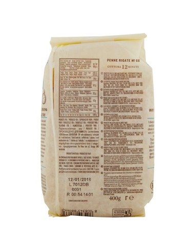 Penne rigate senza glutine N. 66 400 g Rummo Senza Glutine, Rückseite mit Zutaten, Nährwerte, Hersteller und Strichcode