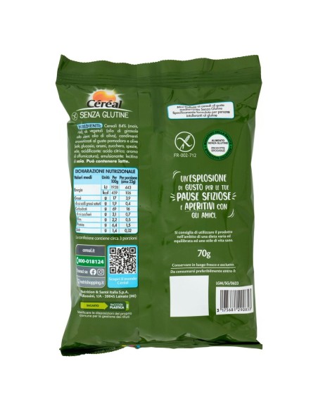 Gallettine gusto mediterraneo 70 g Céréal, dos avec ingrédients, valeurs nutritionnelles, fabricant, code-barres et conservation