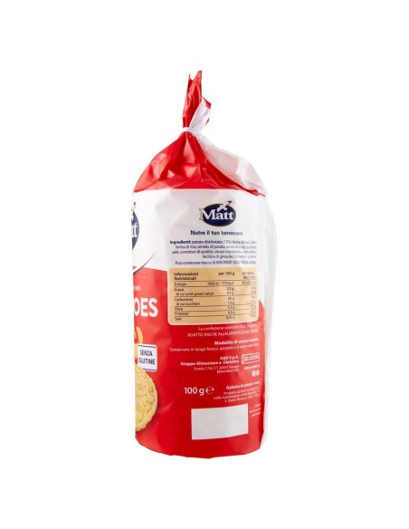 Gallette di patate e mais Le Potatoes 100 g Matt, Seite mit Zutaten, Nährwerte, Hersteller und Aufbewahrung