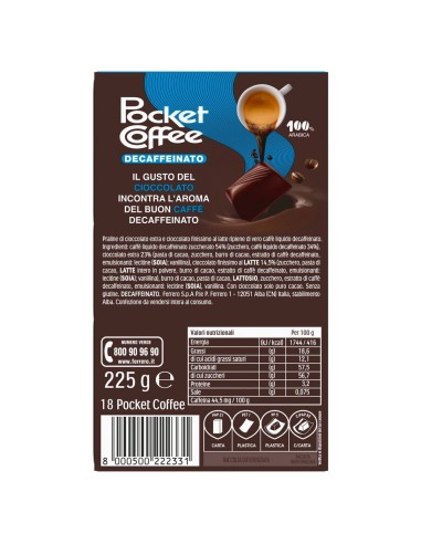 Pocket Coffee Espresso Decaffeinato 225 g Ferrero, dos avec ingrédients, valeurs nutritionnelles, fabricant et code-barres