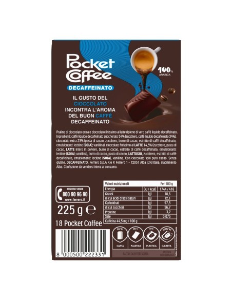 Pocket Coffee Espresso Decaffeinato 225 g Ferrero, dos avec ingrédients, valeurs nutritionnelles, fabricant et code-barres