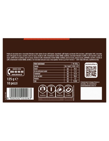 Pocket Coffee Espresso Classico 10 pezzi 125 g Ferrero, dos avec ingrédients, valeurs nutritionnelles, fabricant, code-barres et