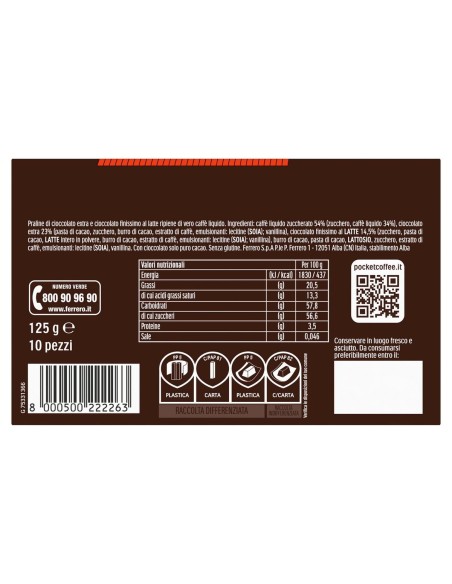 Pocket Coffee Espresso Classico 10 pezzi 125 g Ferrero, dos avec ingrédients, valeurs nutritionnelles, fabricant, code-barres et
