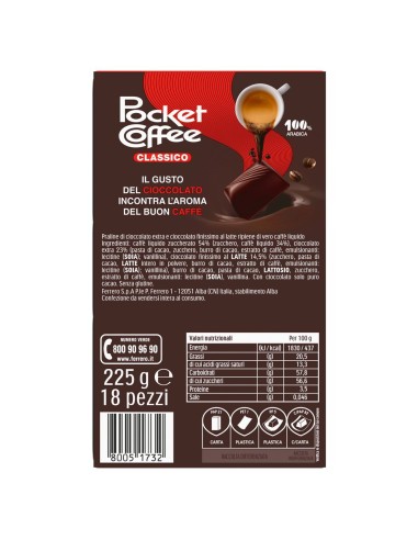 Pocket Coffee Espresso Classico 18 pezzi 225 g Pocket Coffee, dos avec ingrédients, valeurs nutritionnelles, fabricant et code-b