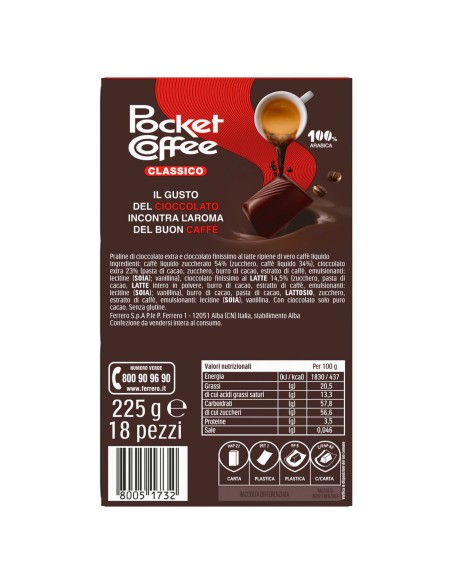 Pocket Coffee Espresso Classico 18 pezzi 225 g Pocket Coffee, dos avec ingrédients, valeurs nutritionnelles, fabricant et code-b