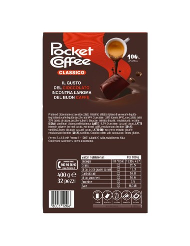 Pocket Coffee Espresso Classico 32 pezzi 400 g Pocket Coffee, dos avec ingrédients, valeurs nutritionnelles, fabricant et code-b