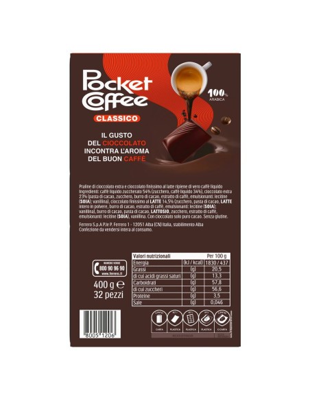 Pocket Coffee Espresso Classico 32 pezzi 400 g Pocket Coffee, dos avec ingrédients, valeurs nutritionnelles, fabricant et code-b