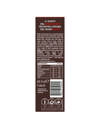 Pocket Coffee Espresso Classico 5 pezzi 62,5 g Pocket Coffee, Rückseite mit Zutaten, Nährwerte, Hersteller und Strichcode