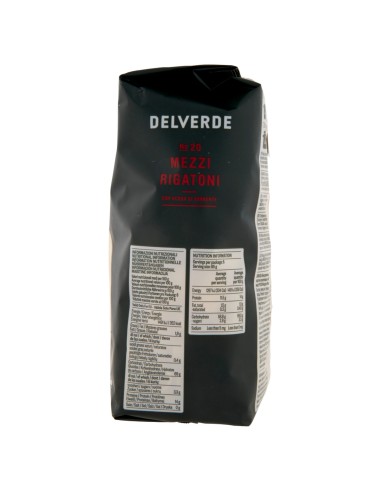 Mezzi rigatoni n. 20 500 g Delverde, côté avec valeurs nutritionnelles