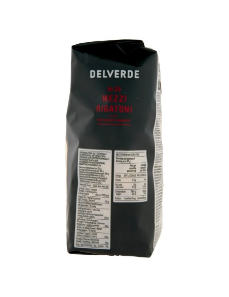 Mezzi rigatoni n. 20 500 g Delverde, côté avec valeurs nutritionnelles