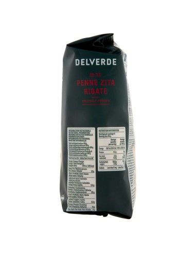 Penne zita rigate n. 32 500 g Delverde, côté avec valeurs nutritionnelles