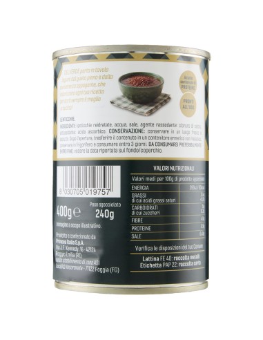 Lenticchie 400 g Delverde, dos avec ingrédients, valeurs nutritionnelles, fabricant, code-barres et conservation